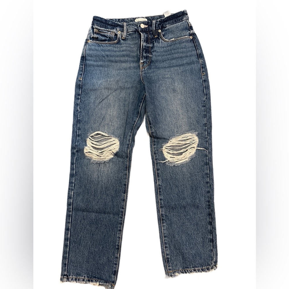 Good American Distressed Mid Wash Blue Ripped Knee Jeans